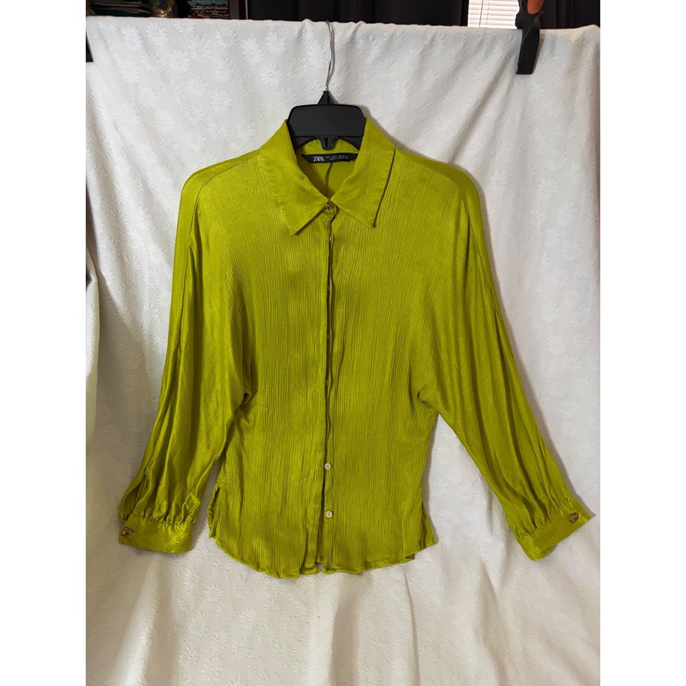 Zara Dopamine Eclectic Grandpa Retro Lime Green Textured ButtonBlouse Pleated M